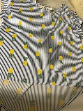 Tacera Blue-and-White Striped Short Sleeve Shirt with Yellow Pineapple Print